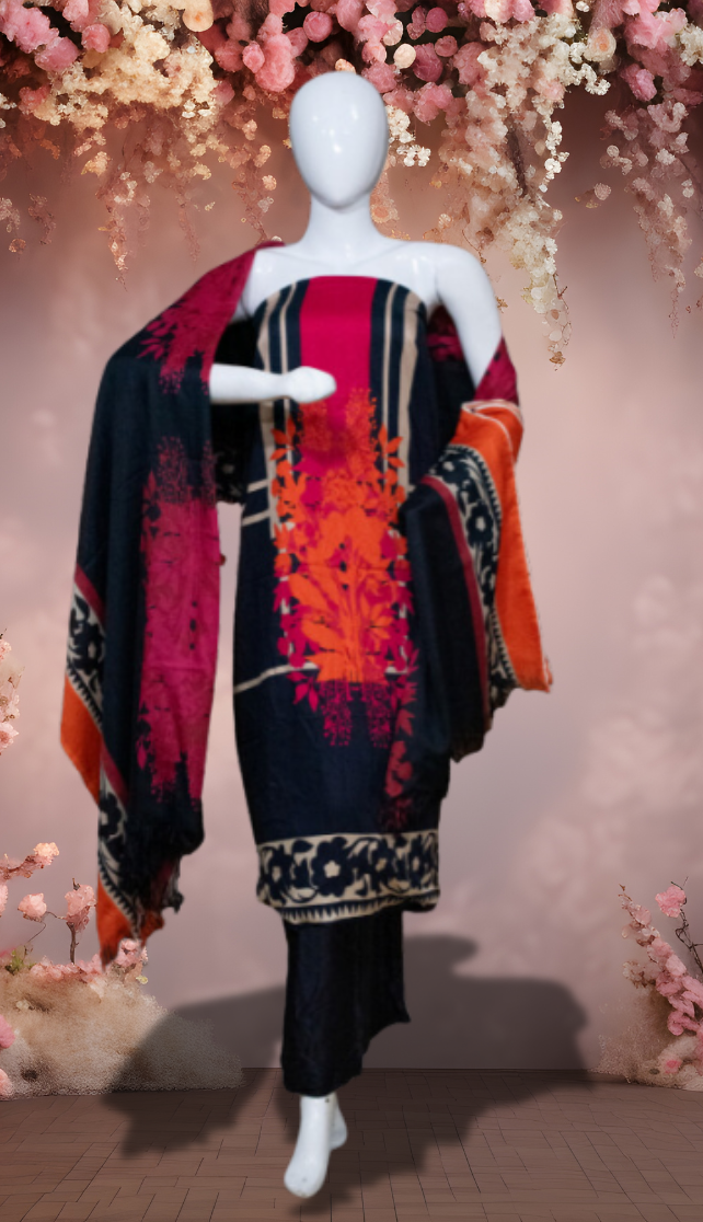 Fiery Bloom - Marina Suit | Wool Dupatta